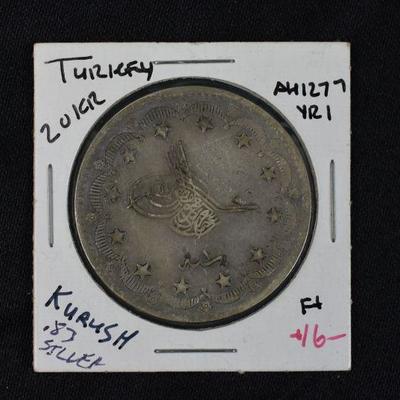1277 Year 1 Turkey 20 Kurush 83% Silver, ~10.1 Grams