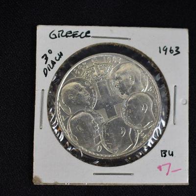 1963 Greece 30 Drachmai 83.5% Silver, ~5.3 Grams
