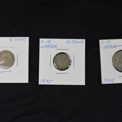 1972 Liberia 5 Cents, 1975 Liberia 10 Cents, and 1975 Liberia 25 Cents
