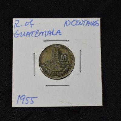 1955 Republic of Guatemala 10 Centavos 72% Silver, ~0.4 Grams