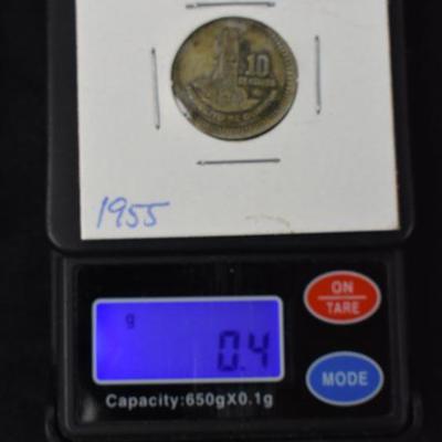 1955 Republic of Guatemala 10 Centavos 72% Silver, ~0.4 Grams