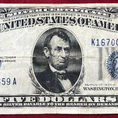 1935 Series A $5 Silver Certificate Blue Seal 