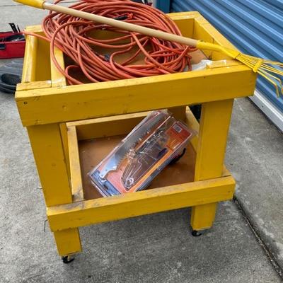 Yellow cart on wheels with misc tools-Lot 228