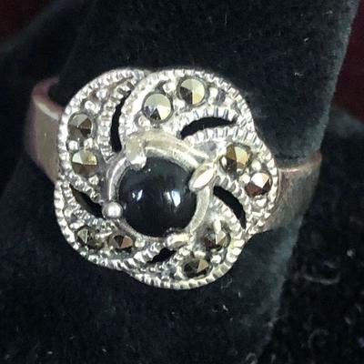 Lot # 135 Ladies Ring Marked 925 Black onyx round flower