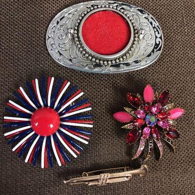 Lot # 164 Belt Buckle & 3 Pins: Trumpet and 2 flowers
