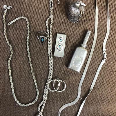 Lot # 168 Silver Items: Chains, earrings & Money Clip