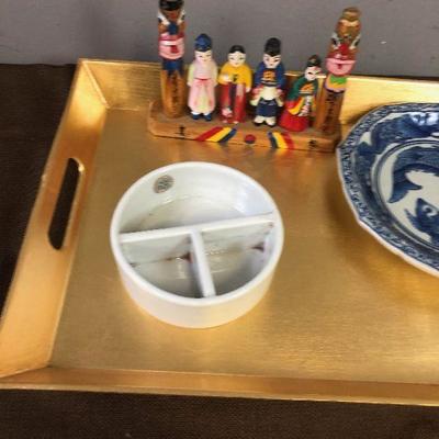 Lot # 175 Gold Tray with Asian Figurines and dishes