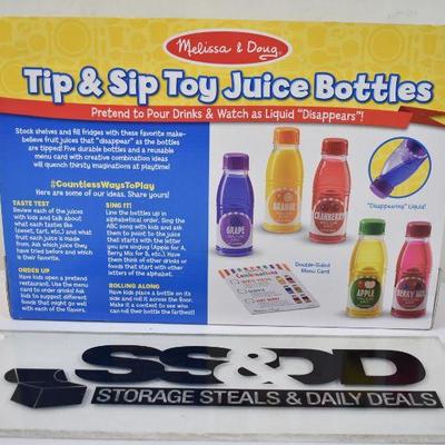 Melissa & Doug Tip & Sip Toy Juice Bottles and Activity Card, 6 Pieces - New