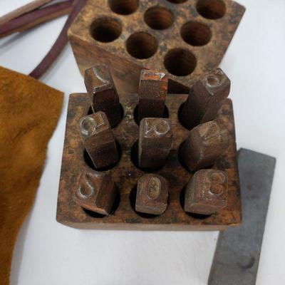Vintage Leather Stamps Numbers 0-9 + Leather Scraps