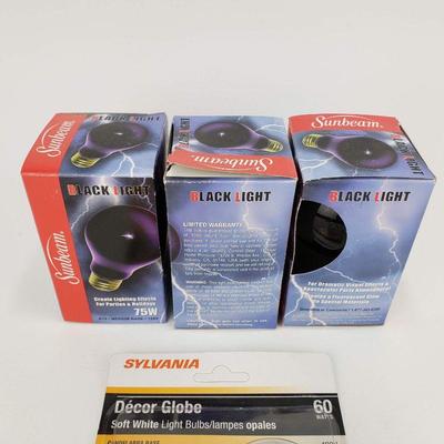 5 Light Bulbs - 2 Vintage G16.5, 3 Black Light bulbs