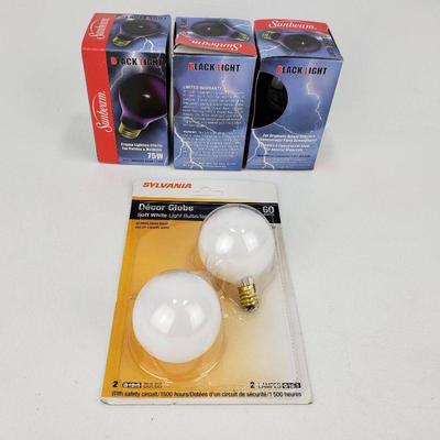 5 Light Bulbs - 2 Vintage G16.5, 3 Black Light bulbs