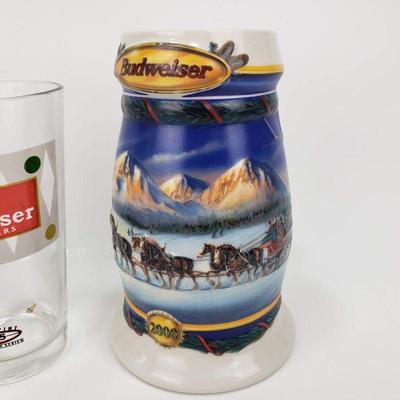 Budweiser 2000 Christmas Stein and 3 Retro Pint glasses