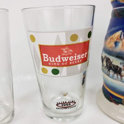 Budweiser 2000 Christmas Stein and 3 Retro Pint glasses