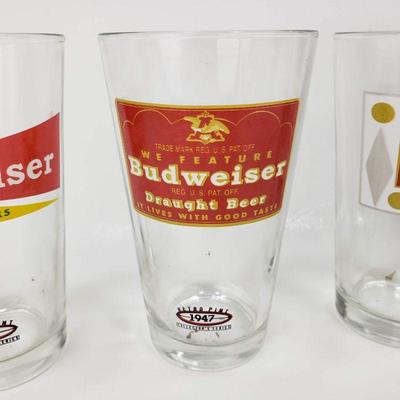 Budweiser 2000 Christmas Stein and 3 Retro Pint glasses