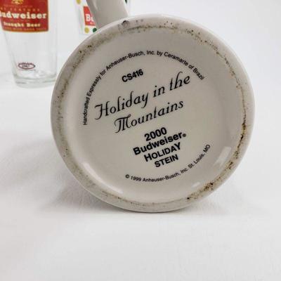 Budweiser 2000 Christmas Stein and 3 Retro Pint glasses