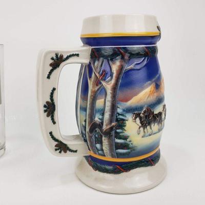 Budweiser 2000 Christmas Stein and 3 Retro Pint glasses