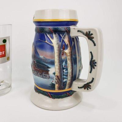 Budweiser 2000 Christmas Stein and 3 Retro Pint glasses