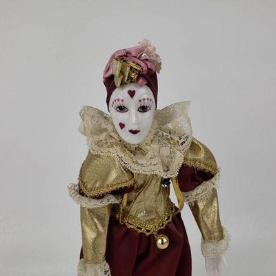Porcelein Clown Doll - Victorian Clothing - 10.5" Tall