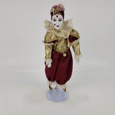 Porcelein Clown Doll - Victorian Clothing - 10.5" Tall