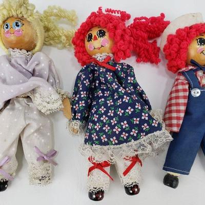 3 Raggedy Ann and Andy Clothespin Dolls - 7" Tall