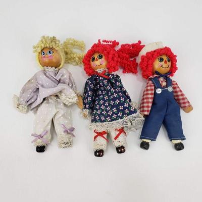 3 Raggedy Ann and Andy Clothespin Dolls - 7" Tall