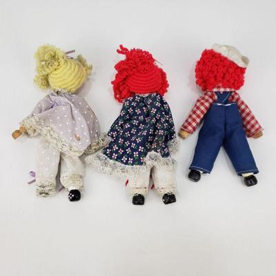 3 Raggedy Ann and Andy Clothespin Dolls - 7" Tall