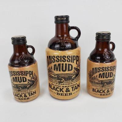 3 Vintage Mississippi Mud Black & Tan Beer Bottles