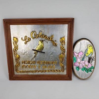 2 Metal Relief Wall Art - La Calandria Restaurant and a Gold Finch