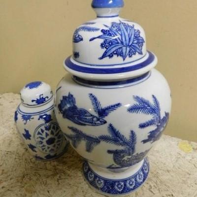 Set of Ceramic Asian Design Blue and White Ginger Jars
