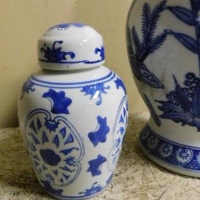 Set of Ceramic Asian Design Blue and White Ginger Jars