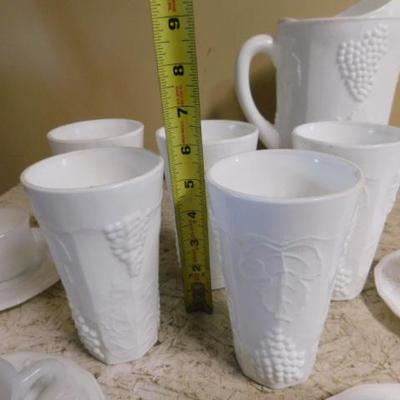 Set of Grape Vine Design Milk Glass Water Pitcher, Tumblers, and Tea Cups