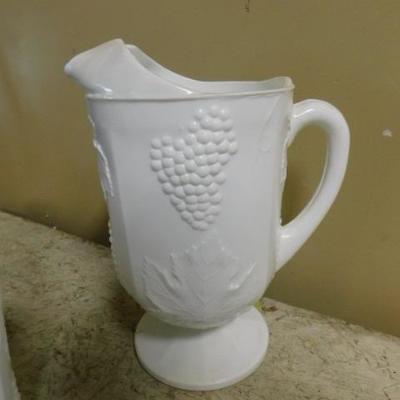 Set of Grape Vine Design Milk Glass Water Pitcher, Tumblers, and Tea Cups
