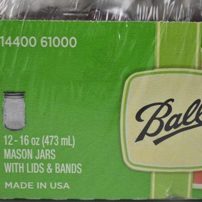Ball Glass Mason Jar With Lid & Band, Regular Mouth, 16 Ounces, 12 Count - New