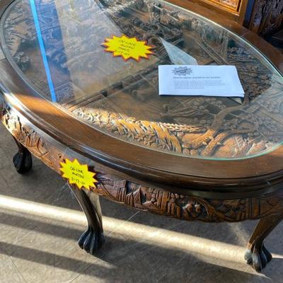 Oriental Style Coffee Table, Carved with Glass-Lot 282