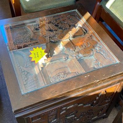 Oriental Style End Table with drawer and glass-Lot 286