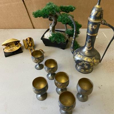 Artificial Bonsai Tree, Decanter Set w/cups, Misc Carved Items-Lot 297