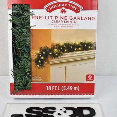 Holiday Time Pre Lit Clear Christmas Garland, 18 ft - New