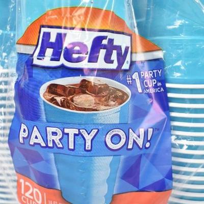 Hefty Party On! 120 Cups, 18 oz Blue & Ultra Soft, 12 Mega Rolls - New