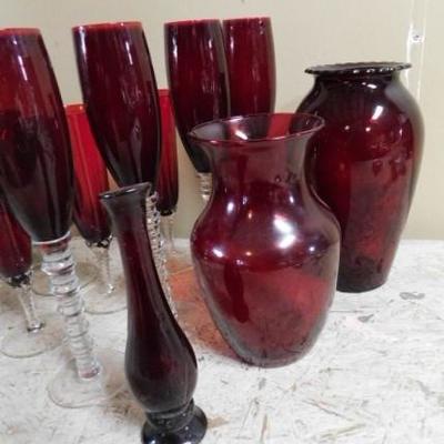 Great Collection of Red Stem Ware and Variety of Vases