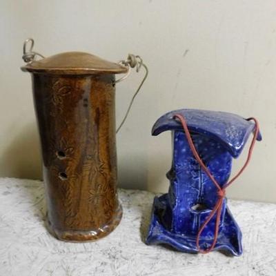 Pair of Handcrafted Pottery Bird Feeders 