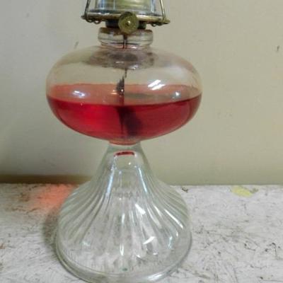 Large Clear Glass Wide Belly Pedestal Oil Lamp (Red Oil) 12