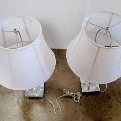 Lot 1027 - Pair of Table Lamps with Clear Ball Bodies + White Shades 