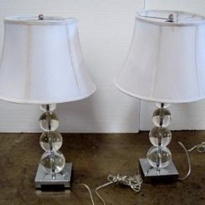 Lot 1027 - Pair of Table Lamps with Clear Ball Bodies + White Shades 