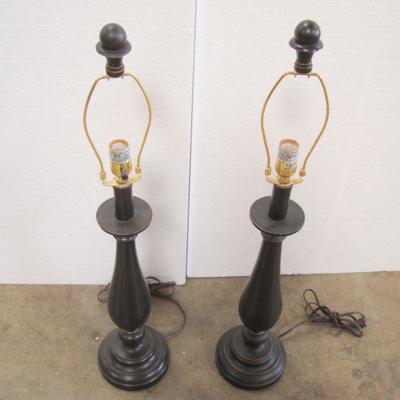 Lot 1034 Dark Wood Table Lamps + Shades