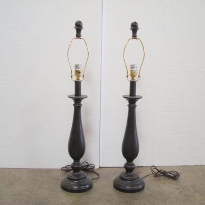 Lot 1034 Dark Wood Table Lamps + Shades