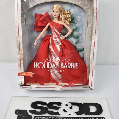 Barbie 2019 Holiday Doll, Blonde Curls with Red & White Gown. Box Damage