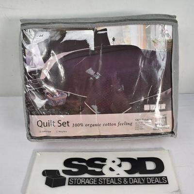 3 Piece Solid Color Reversible Quilt Set Lightweight Queen, Dark Purple - New