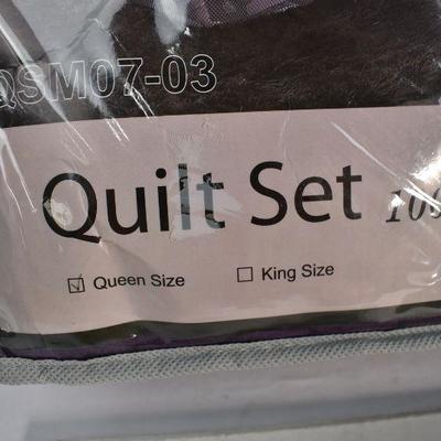 3 Piece Solid Color Reversible Quilt Set Lightweight Queen, Dark Purple - New