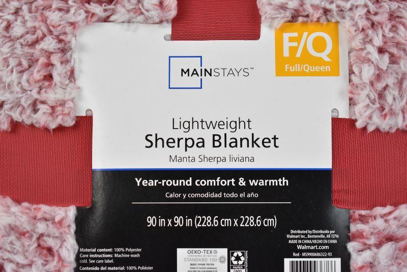 Mainstays Lightweight Sherpa Blanket, 90" x 90" Full/Queen Size, Red