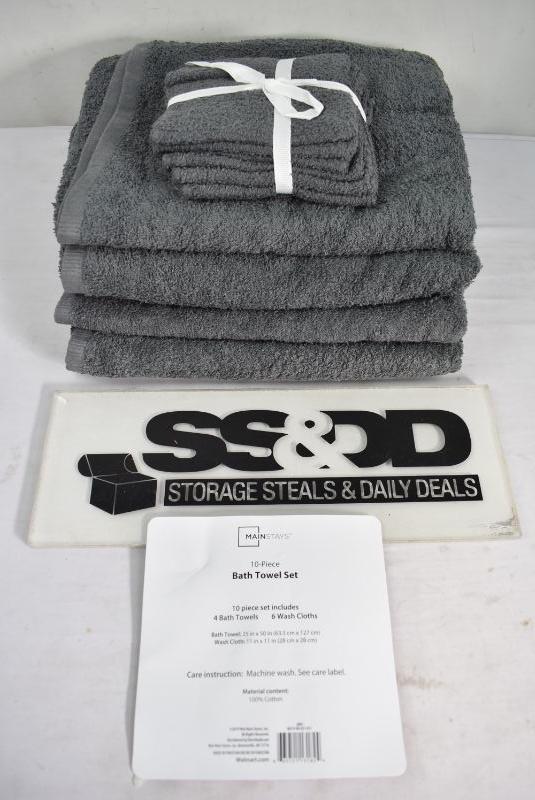 Mainstays 10 Piece Best Value Bath Towel Set, Grey New